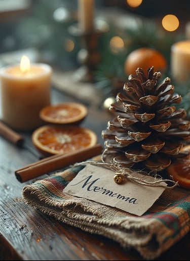 Pinecone place card with name tag, next to cinnamon sticks and an orange slice.