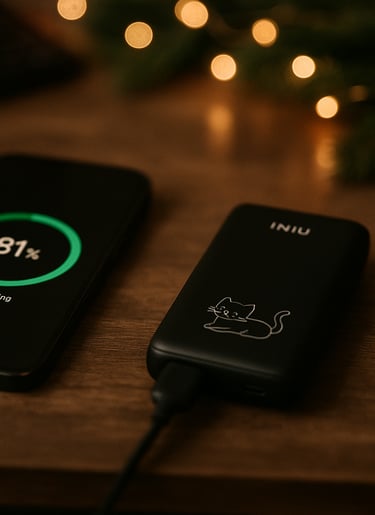 Smartphone charging from INIU portable power bank on wooden desk with soft Christmas lights.