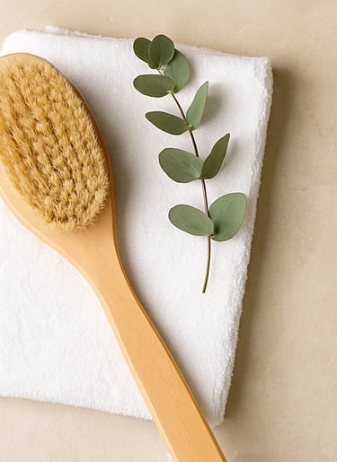 Minimal dry brush with towel and eucalyptus branch on a neutral surface.