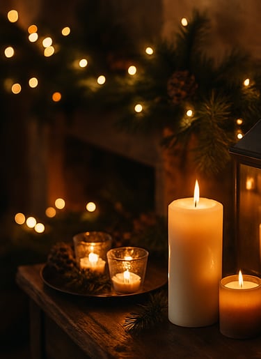 Cozy Christmas candles and lanterns glowing on a wooden table with pine garland and fairy lights.