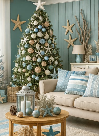 Coastal cottage Christmas tree with driftwood and seashell ornaments in light beachy room.