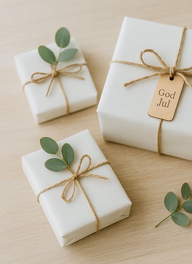 Scandinavian-style white Christmas gift wrapping with greenery and wooden tag.