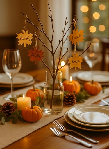 Glass vase centerpiece with gratitude leaves on a cozy Thanksgiving table.