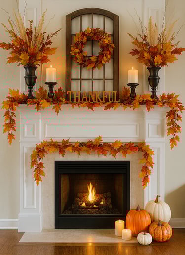 fireplace mantel decorated with a fall wreath framed above, large floral arrangements in black vases
