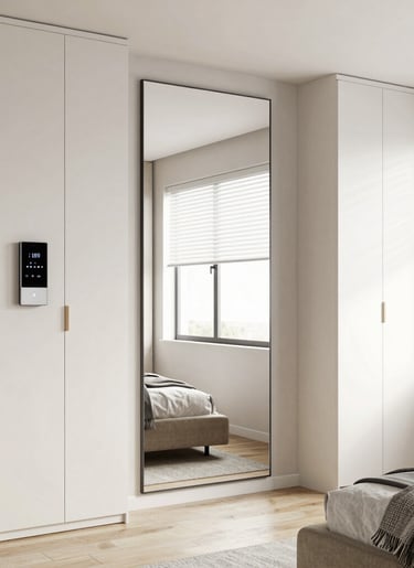 A bedroom showcasing a smart bed frame with under-bed lighting and app-controlled firmness.