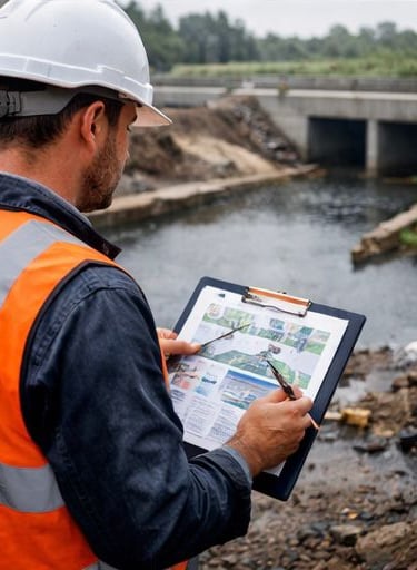 Engenheiro civil analisando projeto de drenagem urbana em obra de infraestrutura hídrica para contro