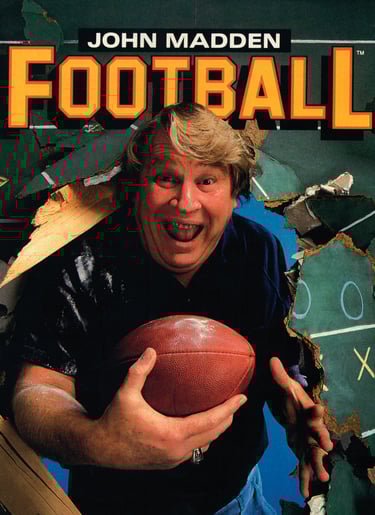 John Madden bursting through the cover of his first game