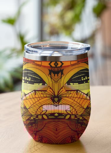 a glass of wine with a colorful pattern on it