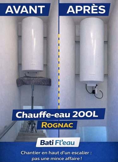 Before and after installation of a 200L electric water heater above a staircase in Rognac.