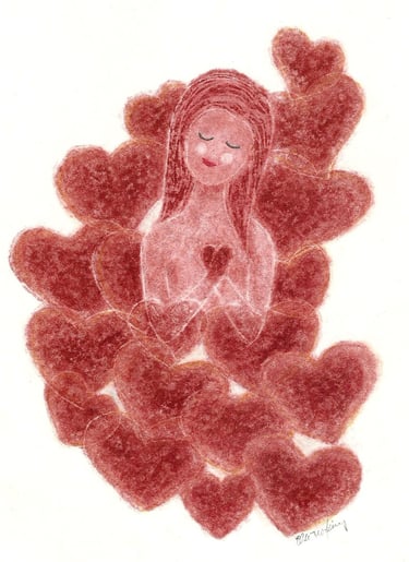 Figura feminina rodeada de corações vermelhos em pastel seco. Título "Mãe".