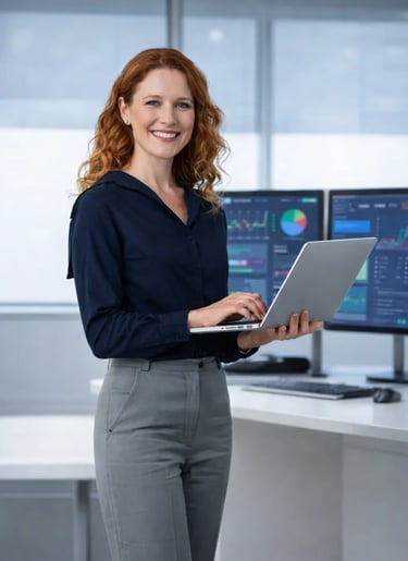 Smiling female IT specialist working on a laptop near data analytics dashboards.