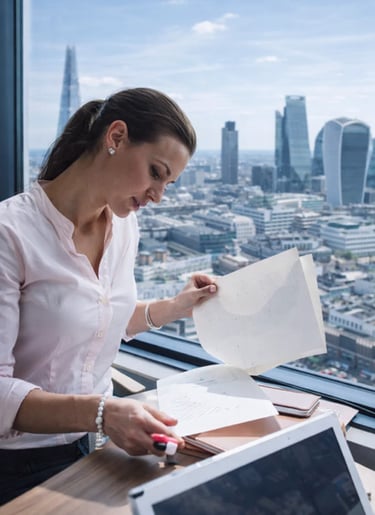 A professional businesswoman reviews documents in a high-rise London office overlooking the city skyline.