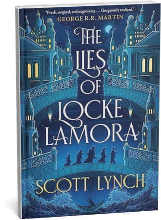 The Lies of Locke Lamora fantasy novel by Scott Lynch with a blue bridge and city cover art.