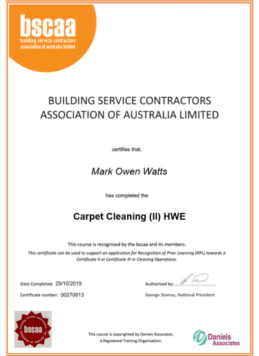 BSCAA certificate awarded to Mark Watts for completing Carpet Cleaning HWE training.