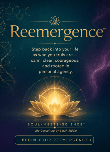 Golden lotus flower glowing over water for Reemergence soul-meets-science life consulting by Sarah Riddle.