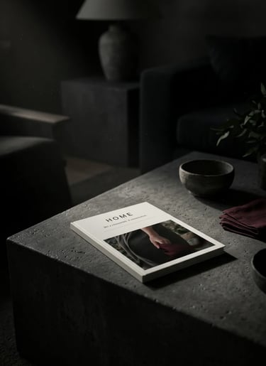 A minimalist Home magazine on a dark stone coffee table in a moody living room interior.