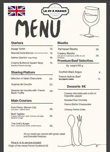 Menu restaurant La KV à manger en anglais