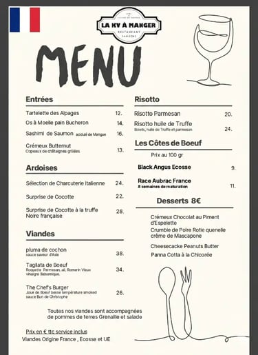 Menu restaurant La KV à manger en français