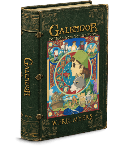 Galendor: Ye Dude from Yonder Forest, antique green leather hardcover mock-up, whimsical illustrations, Art Nouveau layout