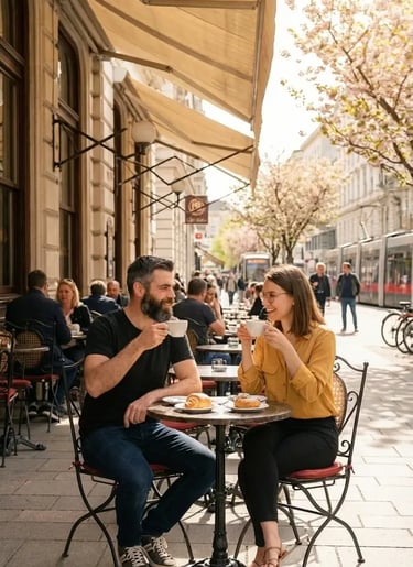 couple enjoying coffee at outdoor viennese cafe in spring cherry blossom