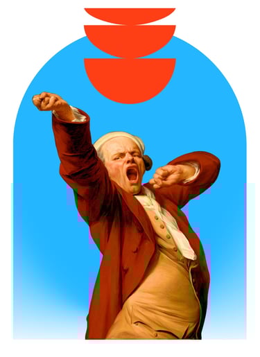 Nuvo Riche #2 Artwork with a yawning noble and a bright graphic background.