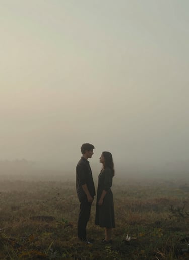A cinematic wide shot of a couple standing in a misty, ethereal landscape at dawn. The lighting is soft and diffused, with a palette of #C4B29A and #F5F0E1. The mood is one of quiet nostalgia and deep connection.