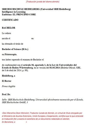Fisioterapia: traducción jurada al español de bachelor alemán