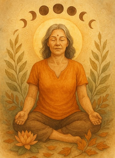 Ilustración en acuarela de una mujer meditando, rodeada de elementos naturales como hojas secas y flores de loto. Detrás de e