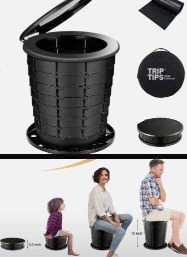 Collage of two images showing a folding camping toilet and different sitting hights.