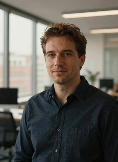Professional headshot with soft window light, natural expression, modern Madrid office background