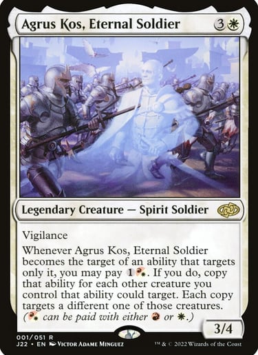 Agrus Kos Eternal Soldier Magic The Gathering card featuring a ghost leading an army of soldiers.
