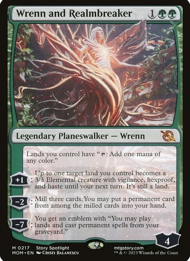 Wrenn and Realmbreaker Magic the Gathering card featuring green planeswalker art and gameplay abilities.