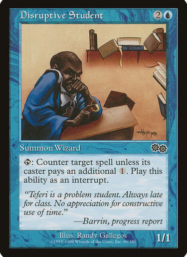 Magic: The Gathering Disruptive Student card featuring Teferi as a young wizard in a classroom.