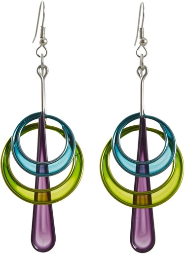 Modernist Kinetic-Inspired Stainless Steel Art Earrings Double Orbit Drops Purple, Blue Green