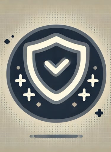 A shield icon on a beige and dark grey background