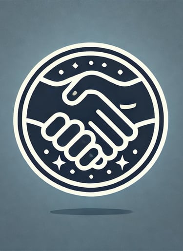 A handshake icon on a blue and grey background
