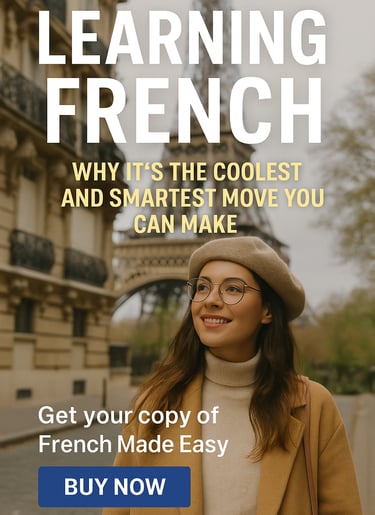 "Smiling woman in Paris with Eiffel Tower in background promoting 'French Made Easy' – Learning Fren