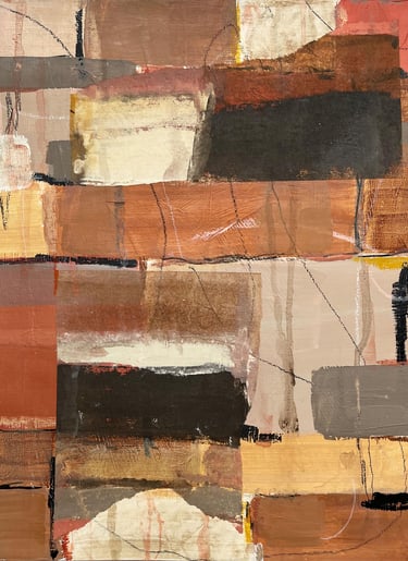 Modern abstract art with layered rectangles and visible brushstrokes in neutral and ochre hues
