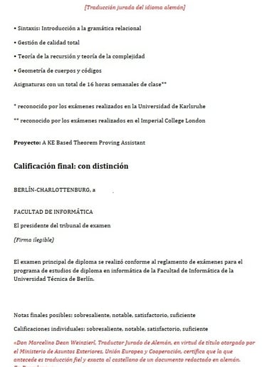 traducción jurada al español de notas Licenciatura Informática alemana