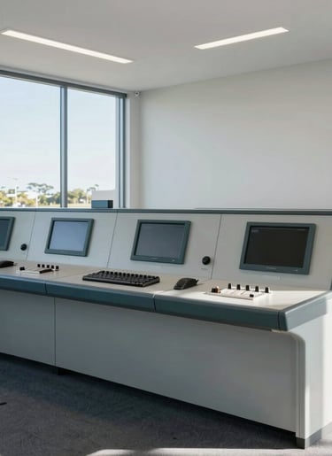 Clean architectural photography of a modern Australian utility control room, bright natural daylight, cool desaturated tones, sharp focus, 35mm