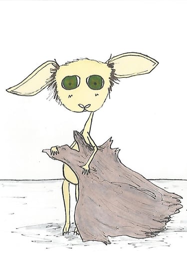 A tiny tan gremlin creature with big green eyes timidly holding a scrap of garbage