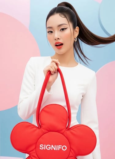 Seorang model dengan gaya Pop Art memegang tas SIGNIFO berbentuk bunga berwarna Salem.
