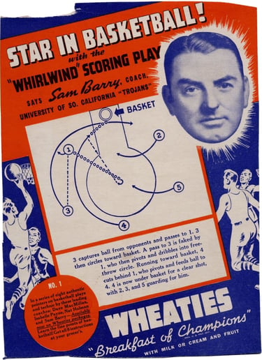 1939 Wheaties Star in Basketball Sam Barry #1 Panel Basketball Card Whirlwind Scoring play