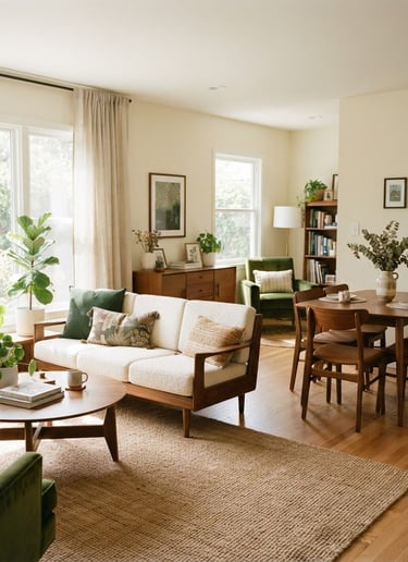 A bright, sunlit shared living room with clean mid-century modern furniture, a tidy dining table, soft cream walls, and warm forest green accents, captured with natural window light.