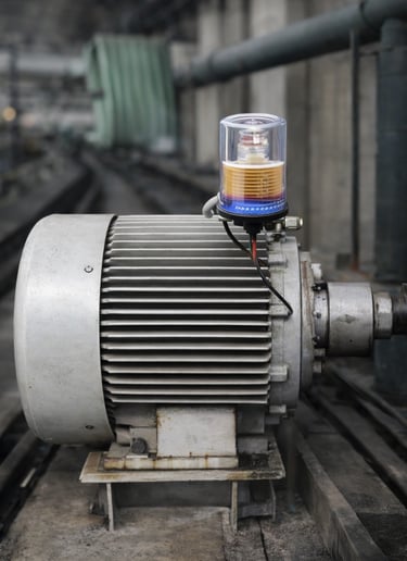 Automatic grease lubricator installed on electric motor bearing in steel plant