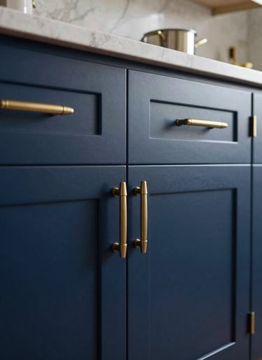 A close-up of high-end kitchen cabinets in a North American / Southern California home, featuring a flawless deep navy blue fine finish and muted gold hardware.