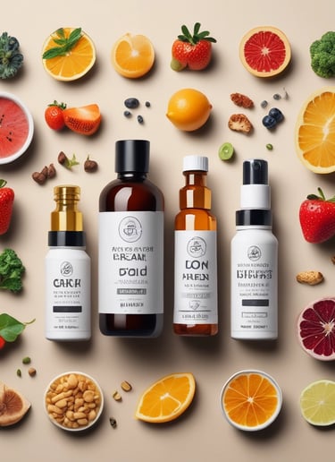 A variety of colorful dietary supplements arranged on a wooden table, showcasing different shapes and sizes of capsules and powders.