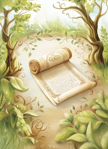 Golden scroll beneath sunlit archway in ancient forest temple glowing with radiant morning light.