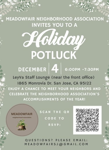 Information for the annual  potluck event for the Meadowfair neighborhood association in San Jose