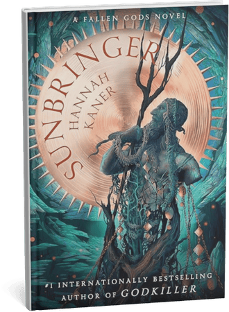 Sunbringer fantasy novel by Hannah Kaner featuring a detailed illustration of a statue and sun motif.